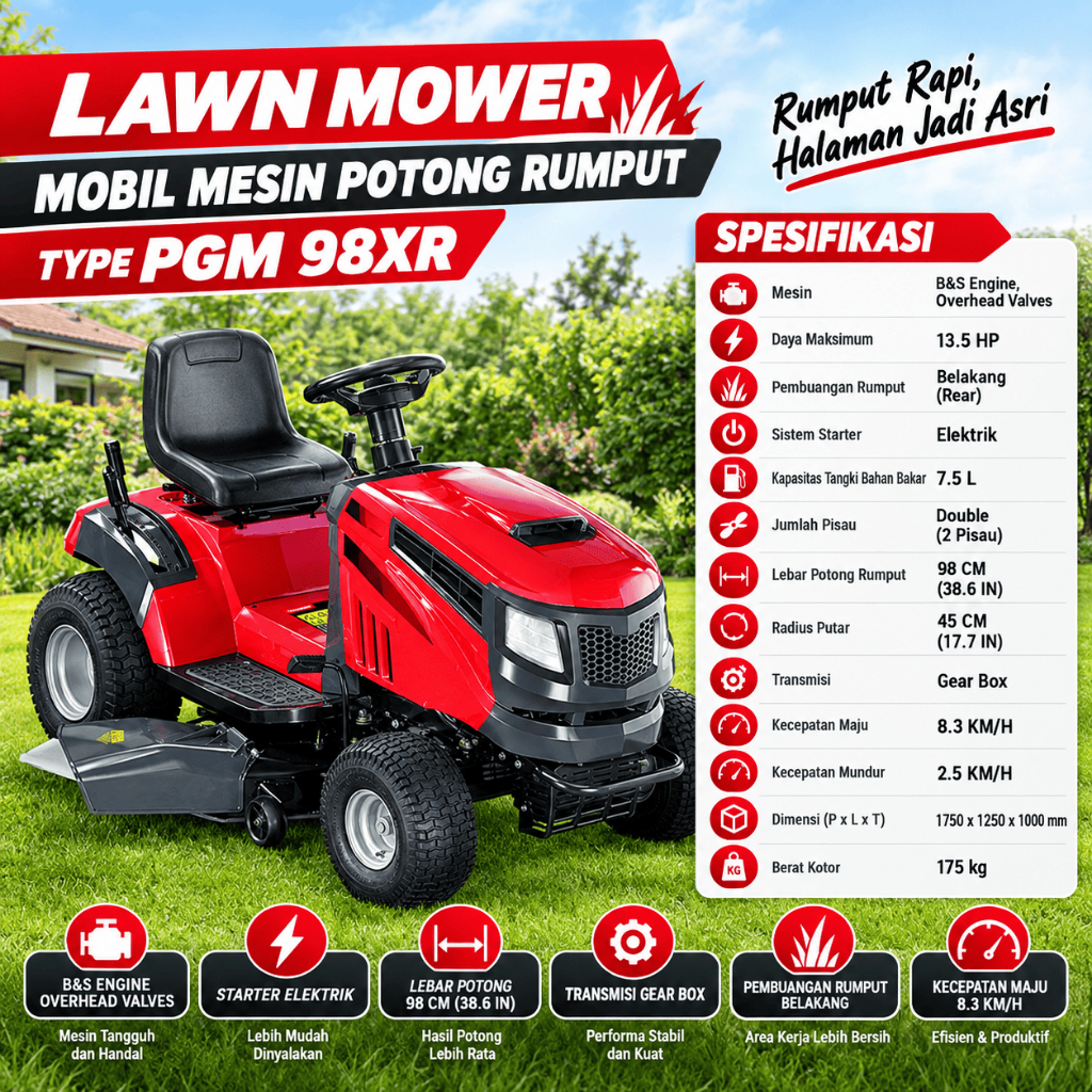 PGM 98XR Lawn Mower Tractor Mesin Potong Rumput Mobil 13.5 HP