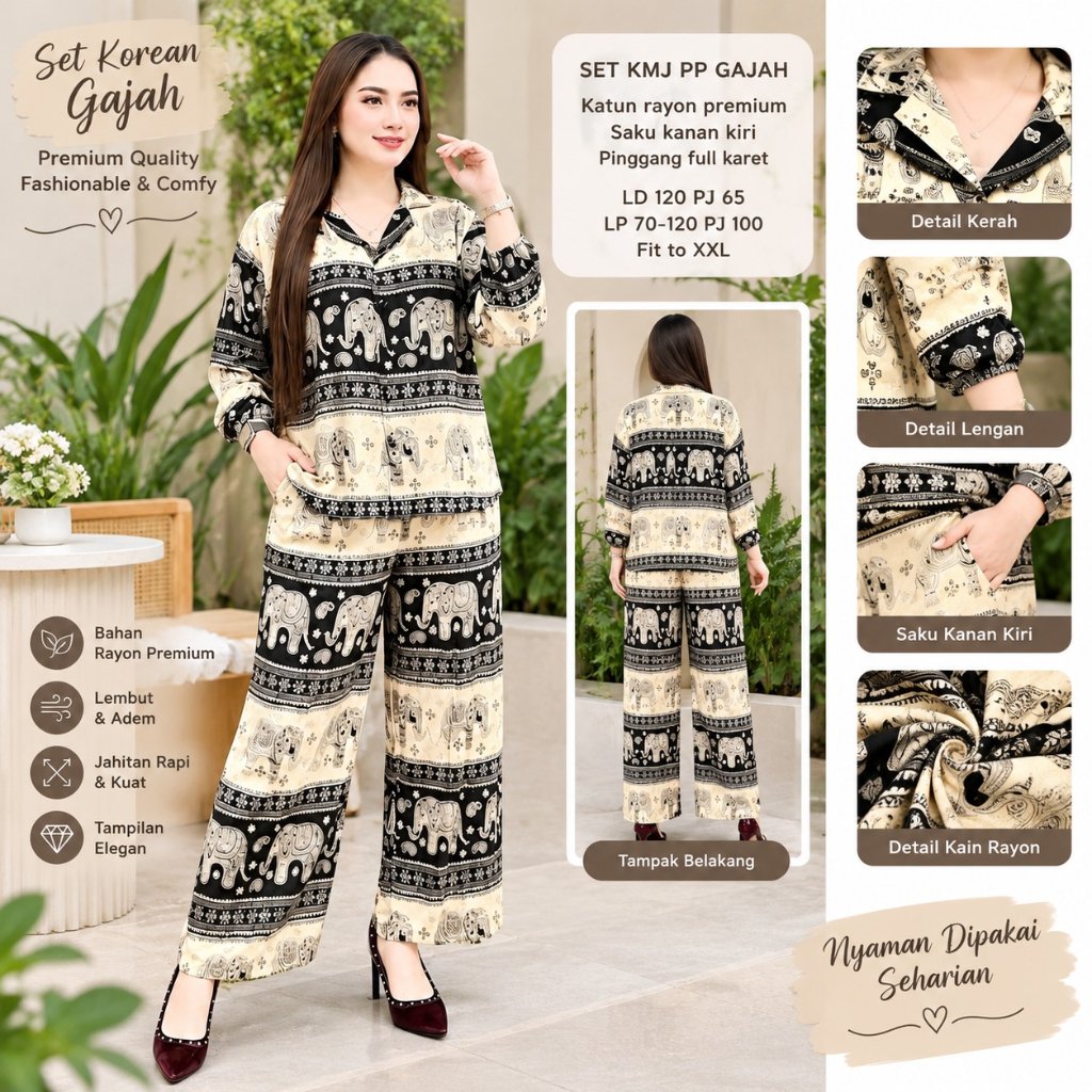 Setelan wanita Set Korean Gajah KMJ PP Gajah katun motif gajah lengan panjang celana panjang