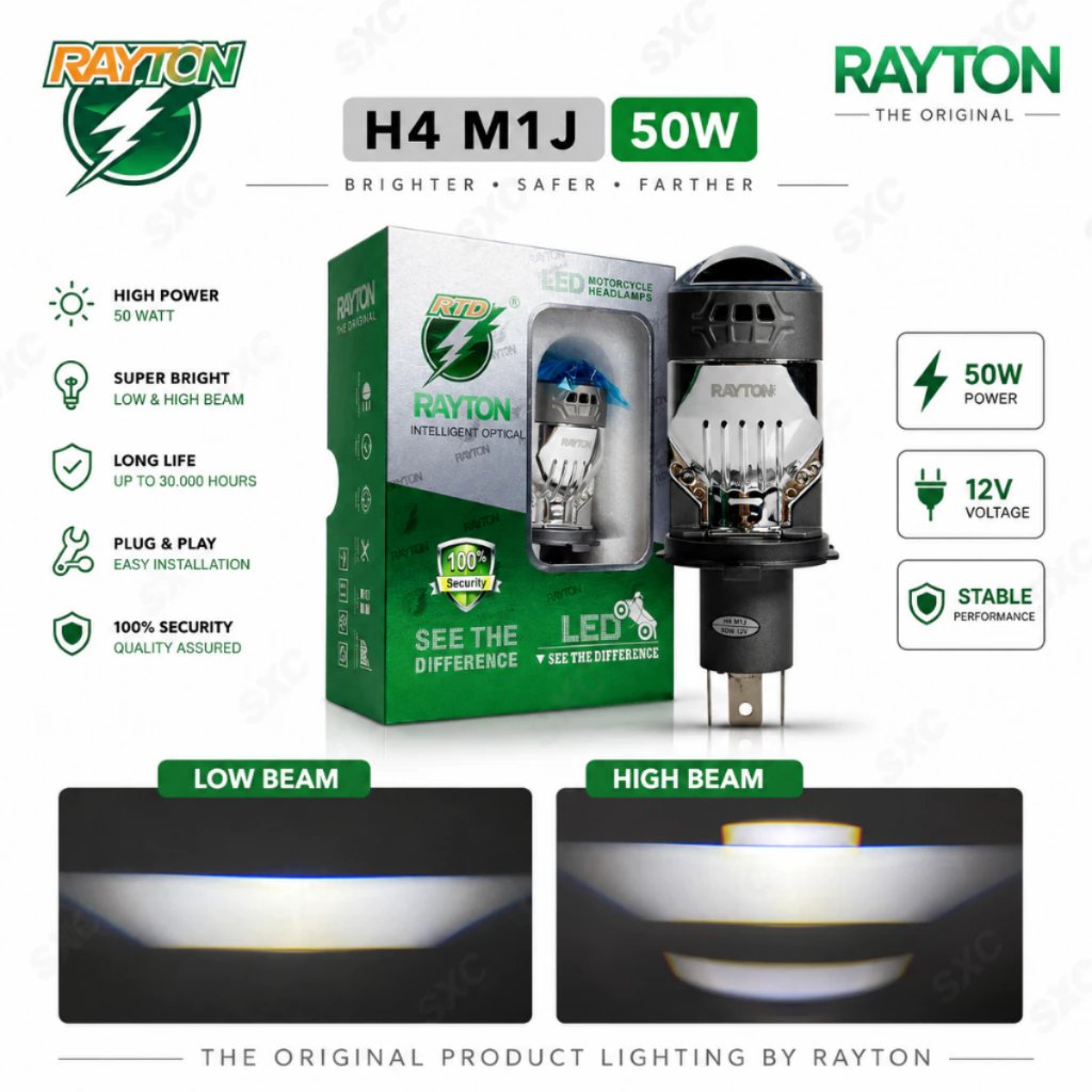 Lampu Utama Mini Biled Projector H4 M1J RTD Rayton Bluelens 50 Watt Kipas Pendingin