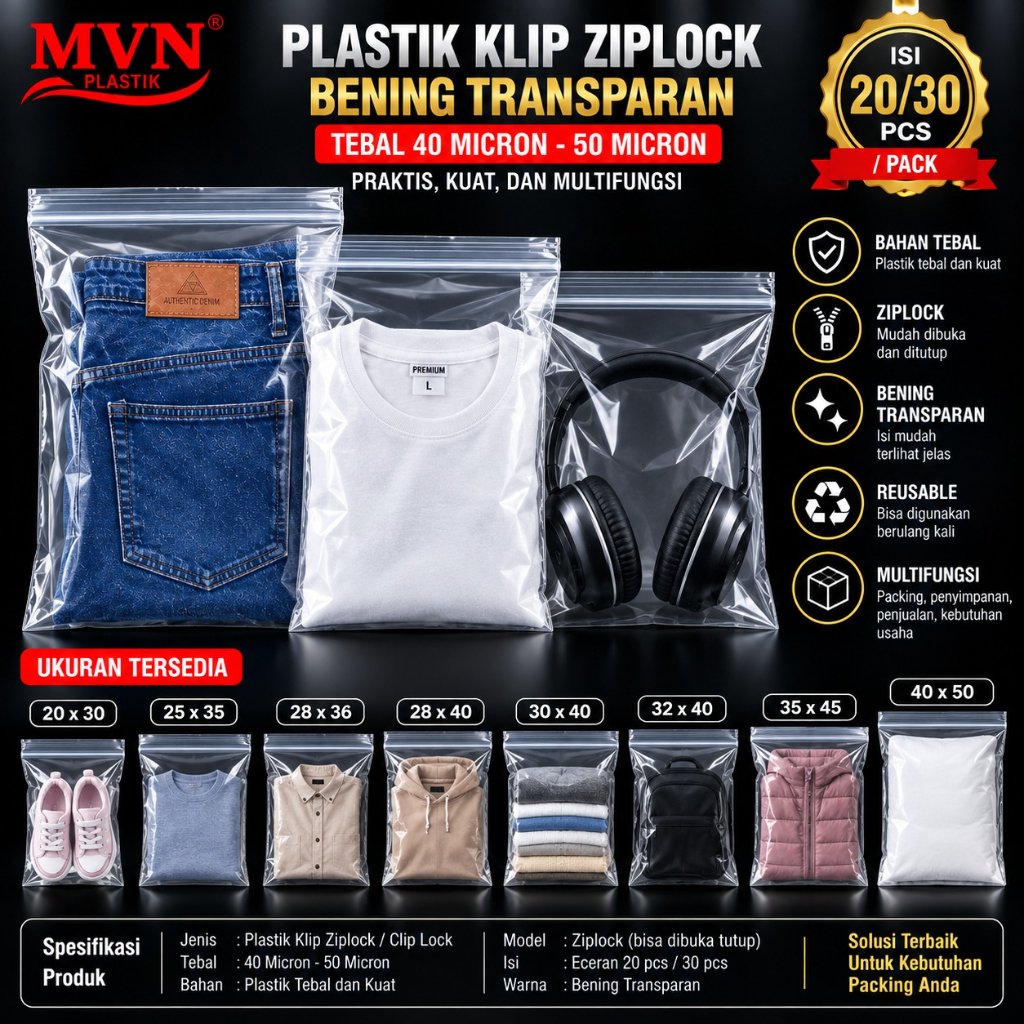 [ 30-20 Pcs] Plastik Klip Ziplock 40x50 35x45 32x40 30x40 28x40 28x36 25x35 20x30 Packing Online Sho