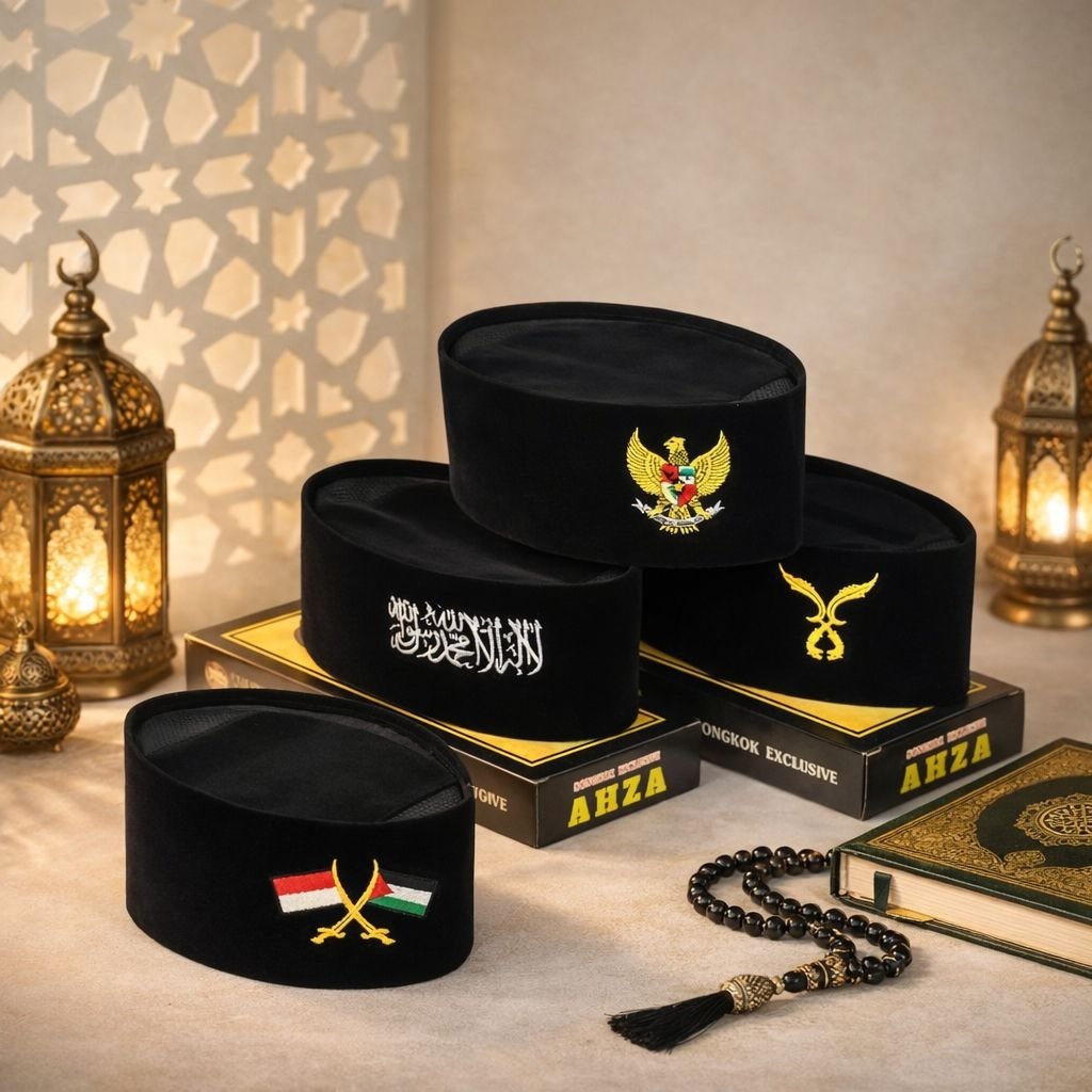 PECI SONGKOK KOPIAH NASIONAL MUSLIM HITAM MOTIF BORDIR GARUDA ,KUJANG, TAUHID, SANTRI, PALESTINA AC 