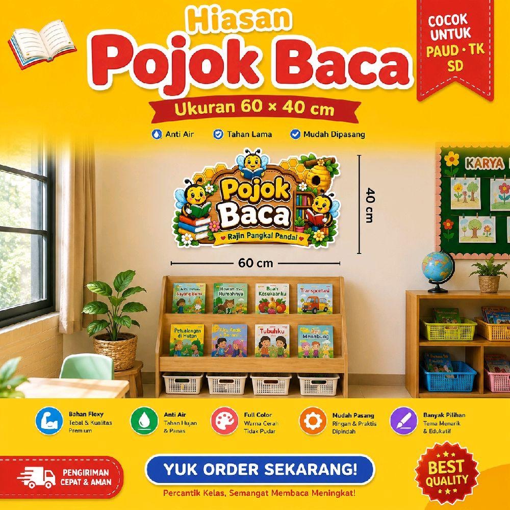 Banner Hiasan Pojok Baca Kelas Sudut Baca Ruang Baca Tema Lebah Hewan Darat Laut Kupu Astrounot | De