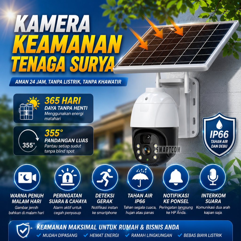 SMARTCOM - Solar CCTV PTZ Camera Rechargeable Battery IP66 IP Camera Outdoor CCTV Tenaga Surya Full 