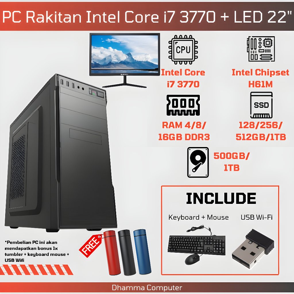 [SIAP PAKAI] Paket Lengkap PC Desktop i7 3770 Fullset Monitor 22" + WiFi + Keyboard Mouse - Komputer
