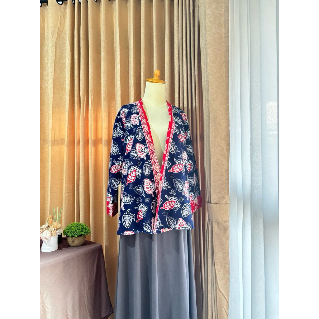 Outer Batik XL Premium Bahan Katun Biru Dongker Merah