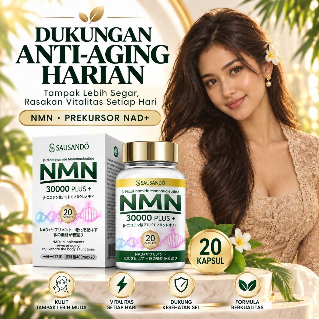 SAUSANDO NMN 30000 Plus+ Suplemen Anti Aging NAD+ Precursor 400mg 20 Kapsul untuk Vitalitas Harian