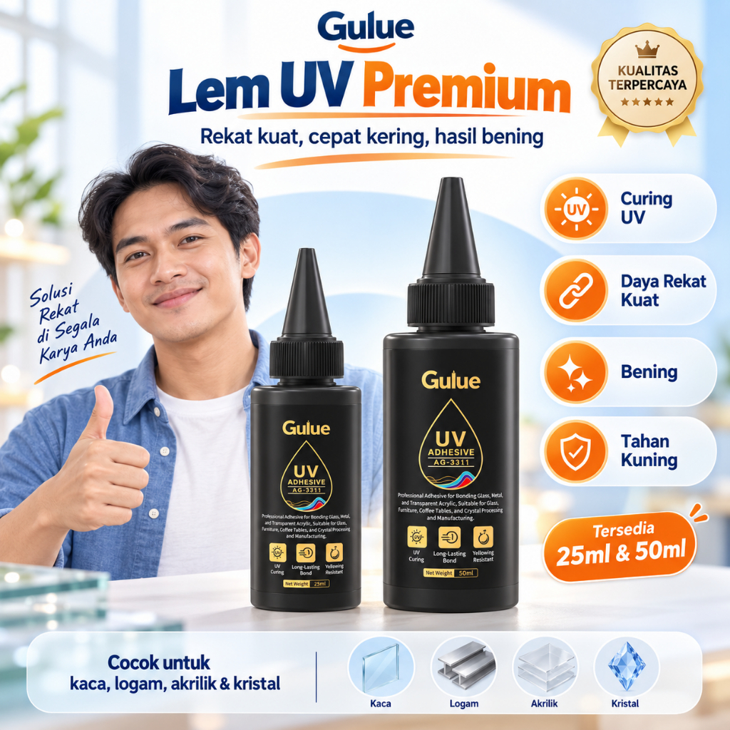 Lem UV Premium untuk Kaca Akrilik Kristal Daya Rekat Kuat Bening Gulue