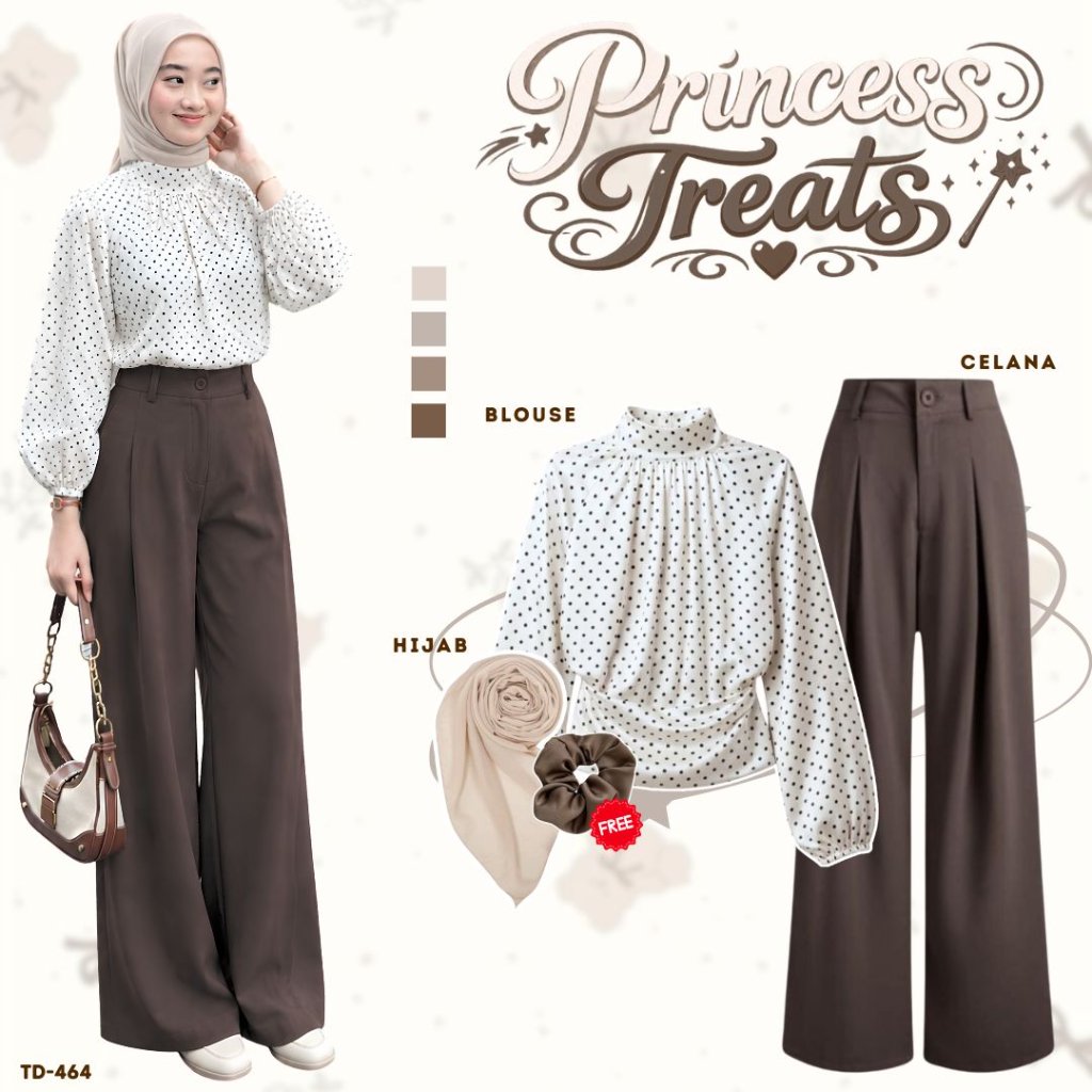 3 IN 1 Set Hijab Look Kekinian (Blouse Echa + Celana Jenni Knit + Paris Jadul) OOTD Polkadot SET TD 