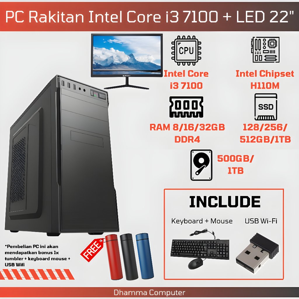 [SIAP PAKAI] Paket Lengkap PC Desktop i3 7100 DDR4 Fullset Monitor LED 22" + WiFi + Keyboard Mouse -