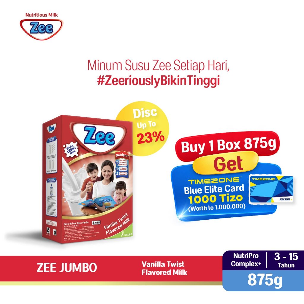 Zee Reguler Jumbo Vanilla Twist Milk 875gr (Free Timezone Blue Elite Card Rp1.000.000) - Susu Tumbuh
