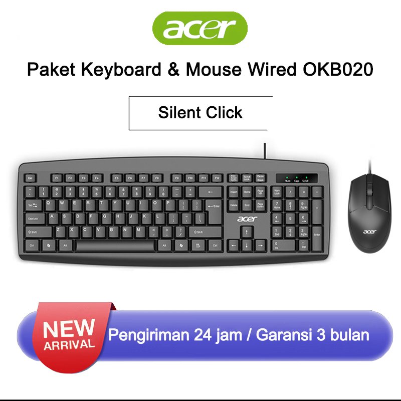 Acer OKB020 Keyboard Mouse Combo 1 Set Silent Click USB Wired untuk PC Laptop Komputer