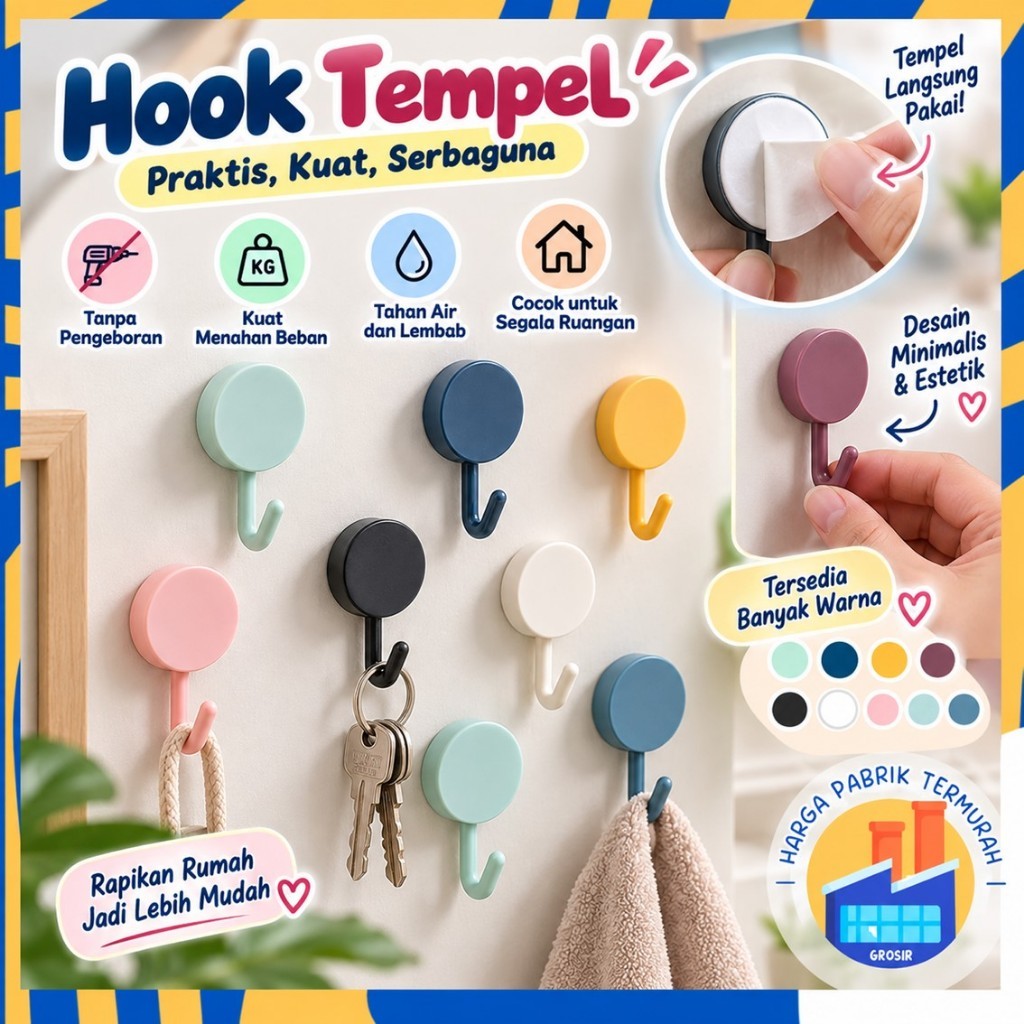 HPT Gantungan Hook Bulat Polos Tempel Tembok Wall Hook Stiker Dinding Kail Tempel Kuat Serbaguna