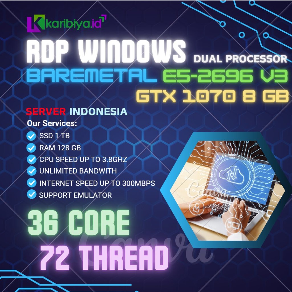 Bare Metal Server RDP Dedicated 36 Core  72 Thread 64GB RAM VGA GPU GTX 1070 OBS Emulator Android Yo