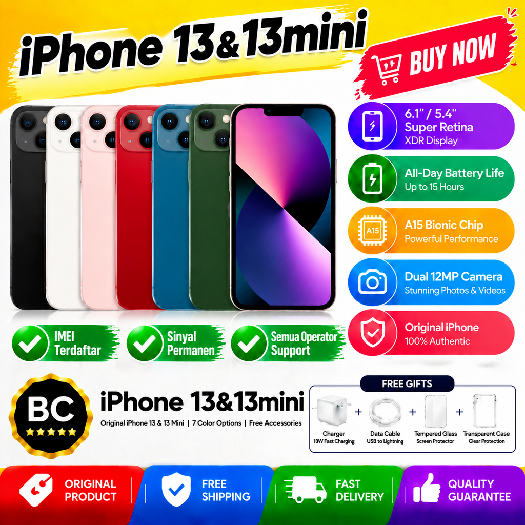 iPhone 13 &13 Mini BC Second Original 128GB 256GB 512GB IMEI Terdaftar Sinyal Permanen Fullset Mulus