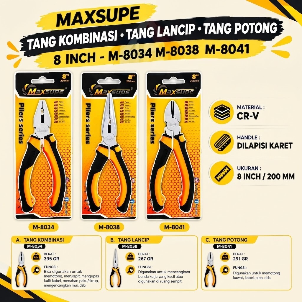 WMS - MAXSUPE TANG KOMBINASI TANG LANCIP TANG POTONG 8 INCH - M-8034 M-8038 M-8041 KUAT KOKOH