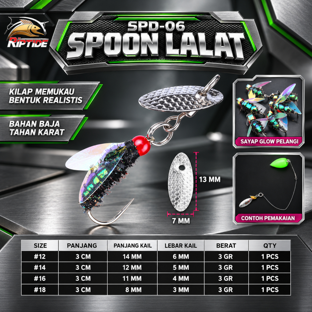 UMPAN PANCING SPOON LALAT RIPTIDE SPD-06 FLY FISHING LURE SAYAP GLOW PELANGI BAHAN BAJA ANTI KARAT S
