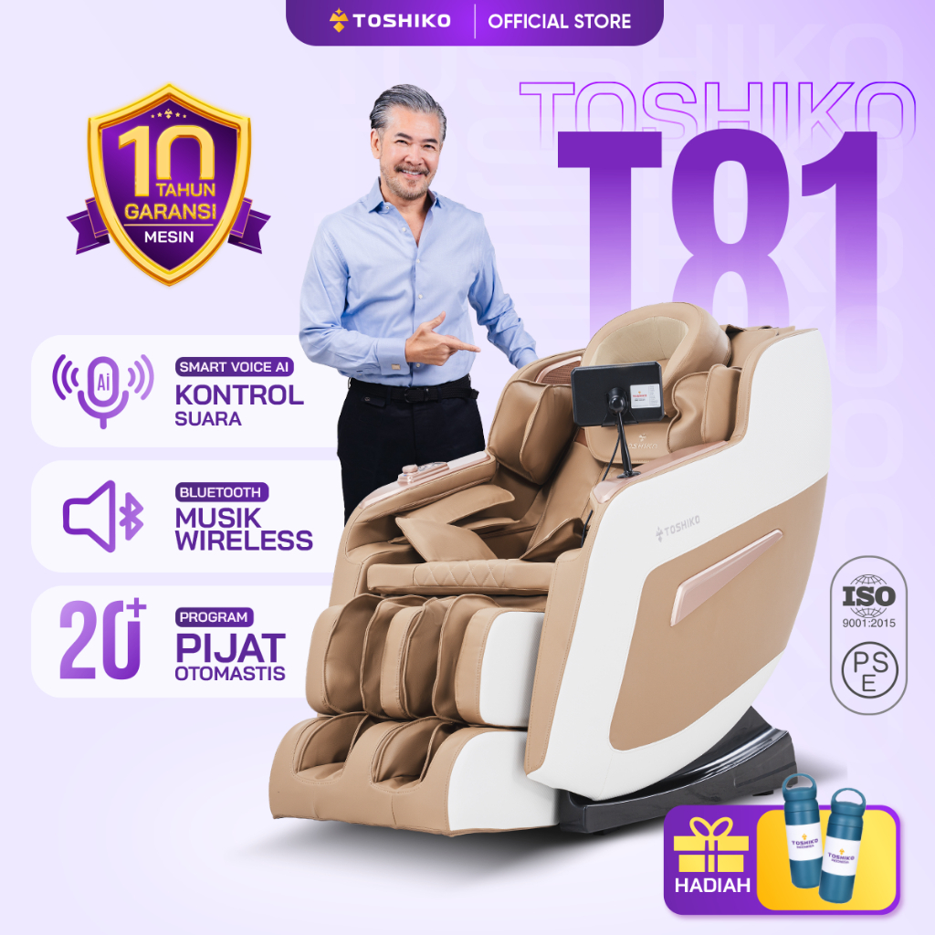 Kursi Pijat Toshiko T81 Roller 3D, Pijat Udara Kepala-Bahu-Lengan-Pinggul-Betis, Pemanas Inframerah, Kontrol Suara, Coklat Putih