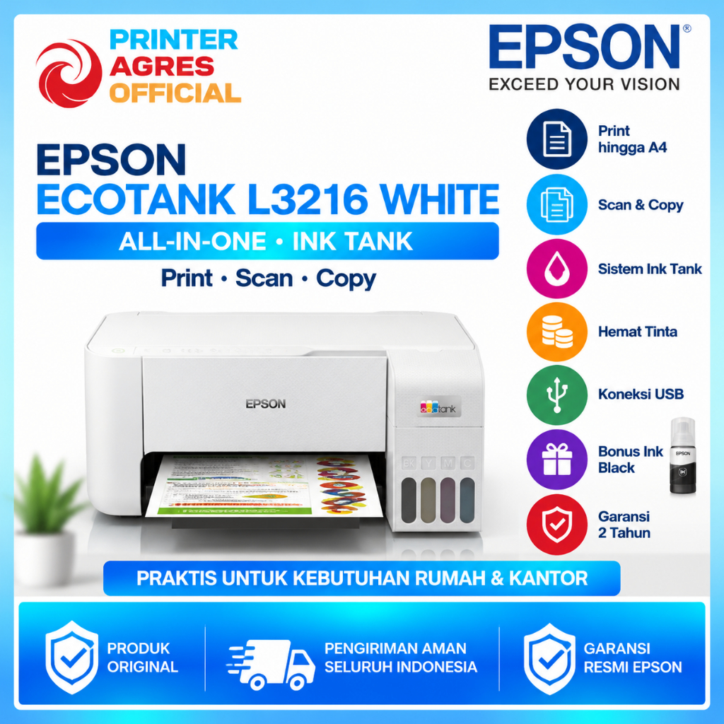 Epson Printer L3216/L3210 Warna Putih (Print, Scan, Copy) Printer Multifungsi Printer Eco Tank Print