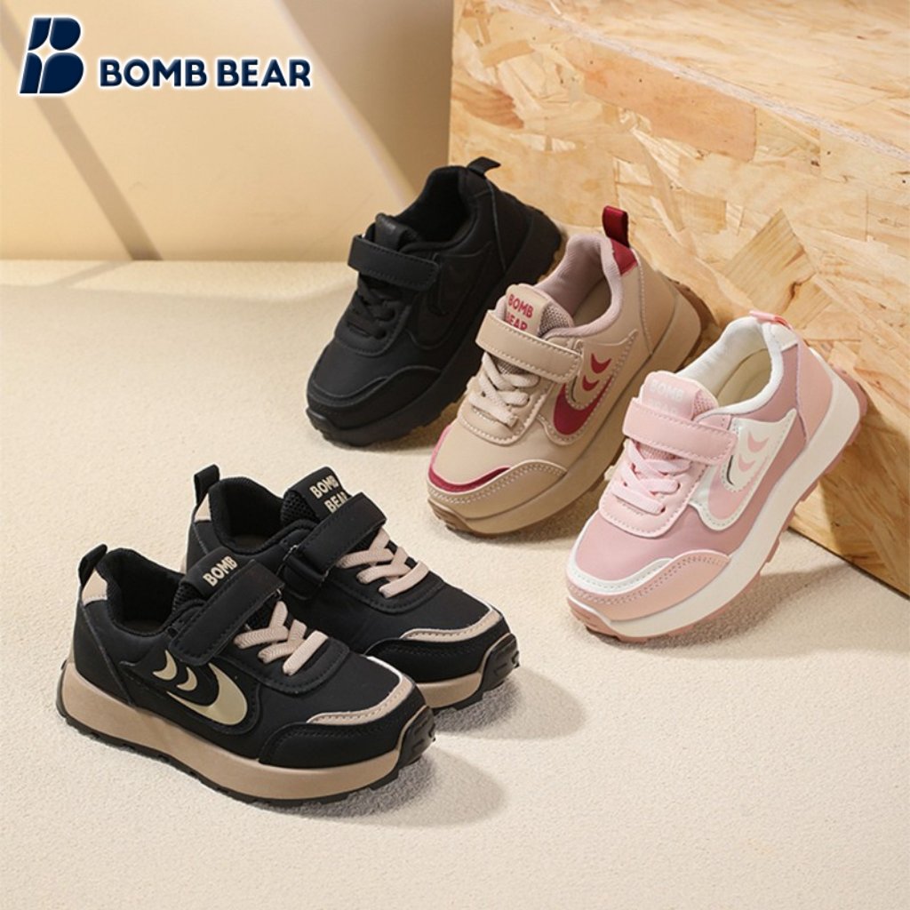 Bomb Bear Sepatu Sneakers Sekolah Anak laki Laki TK SD Sport Nyaman Ringan Hitam Premium YNSS2208