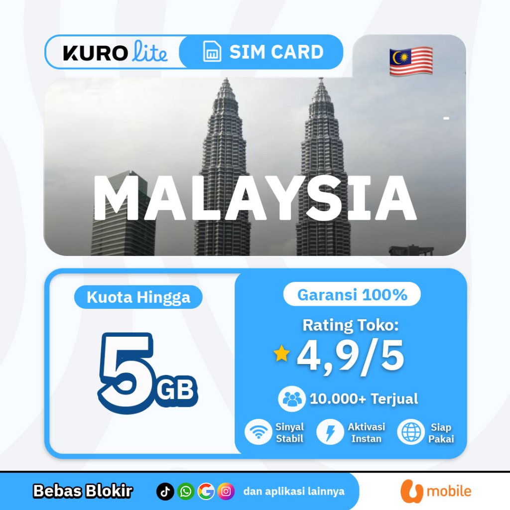 PROMO SIM Card Malaysia 1-5GB Kurolite TikTok | Kuota Besar Internet Malaysia Kuala Lumpur U Mobile 