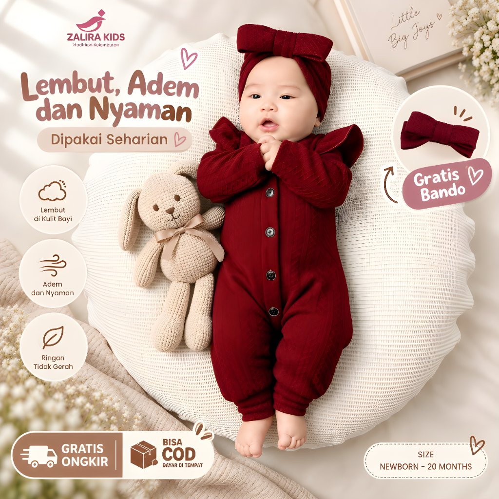 Baju Bayi Perempuan Newborn Umur 0-20 BULAN Jumpsuit Bayi Perempuan + Bando Premium | Kado Bayi Pere