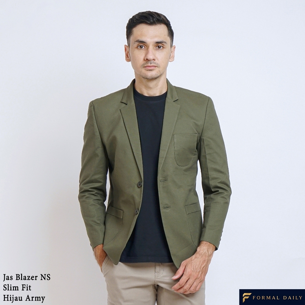 Jas Blazer NS Formal Kasual Pria Elbow Pad Dua Kancing Slim Fit Hijau Army