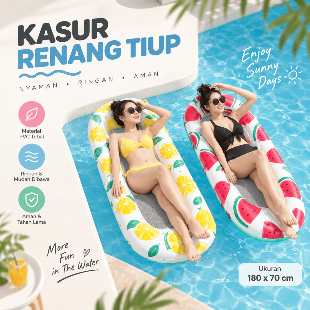 Pelampung Kasur Renang Tiup Jaring Santai Dewasa Floating Motif Buah Semangka & Lemon [SNI]