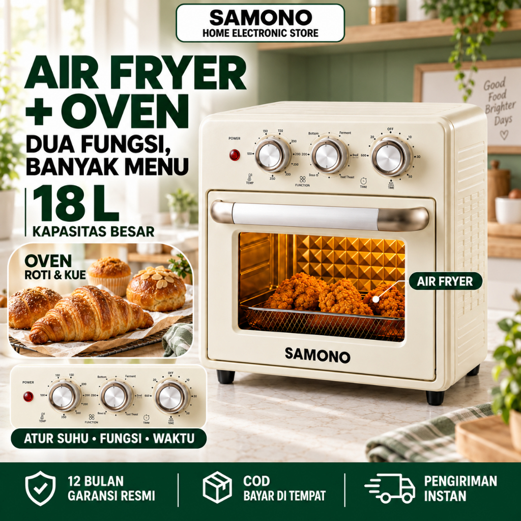SAMONO Air Fryer Oven 18 Liter 2 in 1 SW-AFV18 Kapasitas Besar Low Watt 350W Air Fryer Multifungsi O