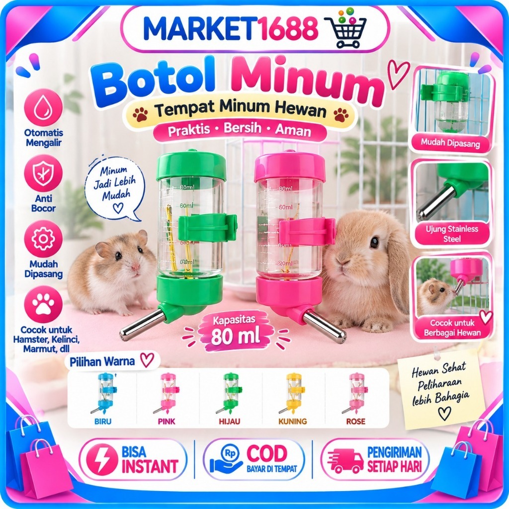 Market1688 Botol minum Hewan 80 ml tempat Minum Gantung Hamster dan Kelinci Tempat Minum otomatis Bo