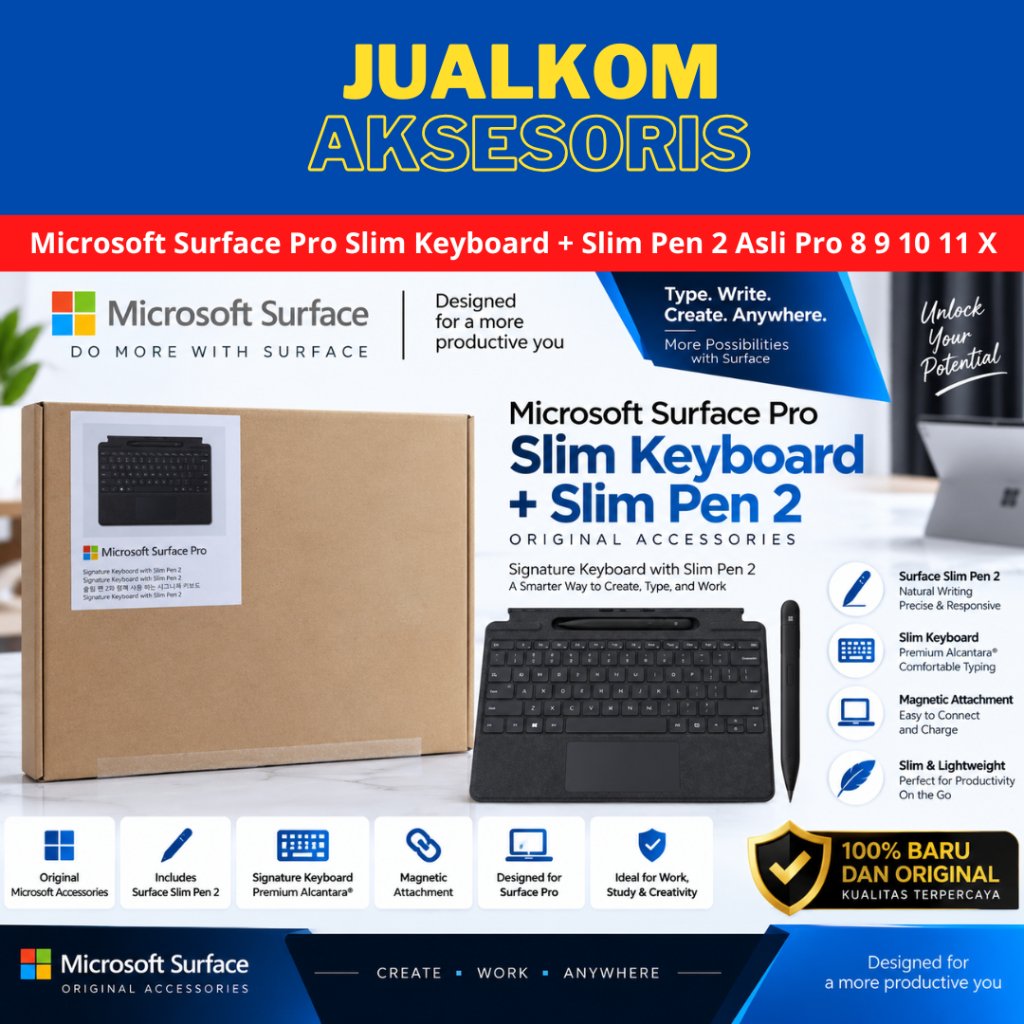 Bundle Original Microsoft Surface Pro Slim Keyboard + Slim Pen 2 Asli Pro 8 9 10 11 X