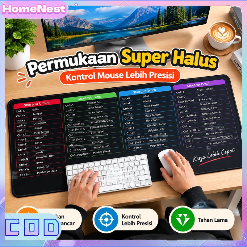 Tatakan Mouse Kantor Ukuran Super Besar dengan Panduan Tombol Pintas Aplikasi Terlengkap - Tatakan K