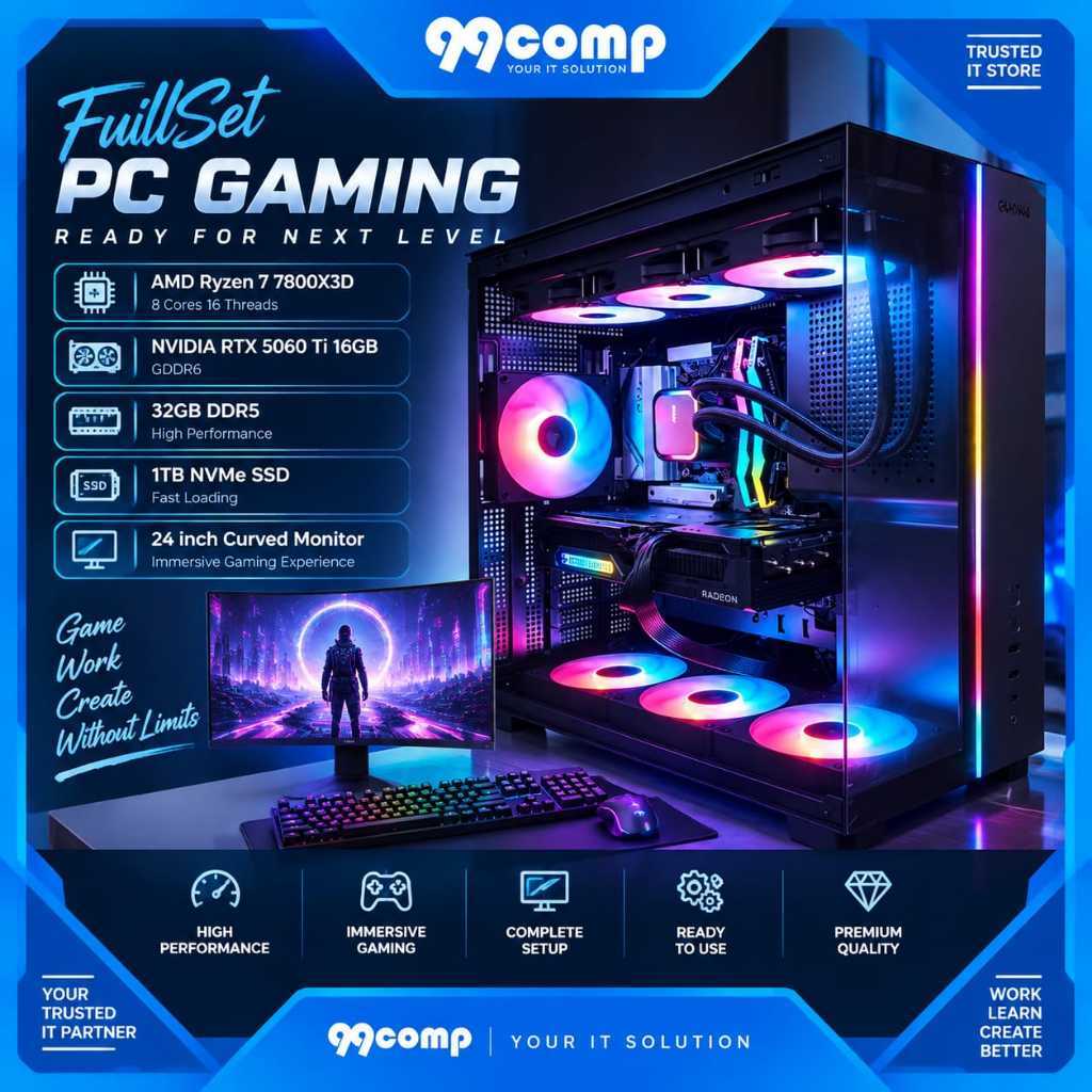 FullSet - PC Gaming AMD Ryzen 7 7800X3D I RTX 5060 Ti 16GB I 1TB NVMe I 24 inch Curve