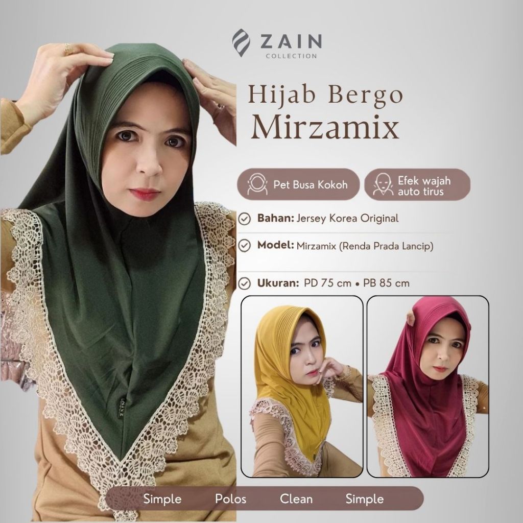 Zain Collection - Mirzamix Jilbab Bergo Instan Pet Busa Renda Prada Jersey Korea Daily