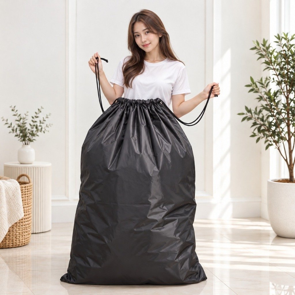 Tas Laundry Jumbo Parasut Anti Air Kapasitas Besar Tali Serut Hitam Polos
