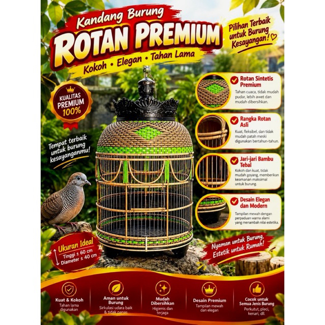 SANGKAR PERKUTUT BESAR HANDMADE ROTAN DAN BAMBU SUPER | KANDANG BURUNG PERKUTUT