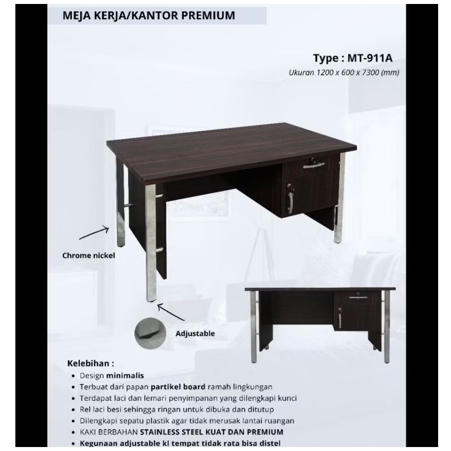 Meja kerja atau Meja tulis dengan kaki chrome nikel kuat dan berkualitas ada pilihan ukuran 1 biro (
