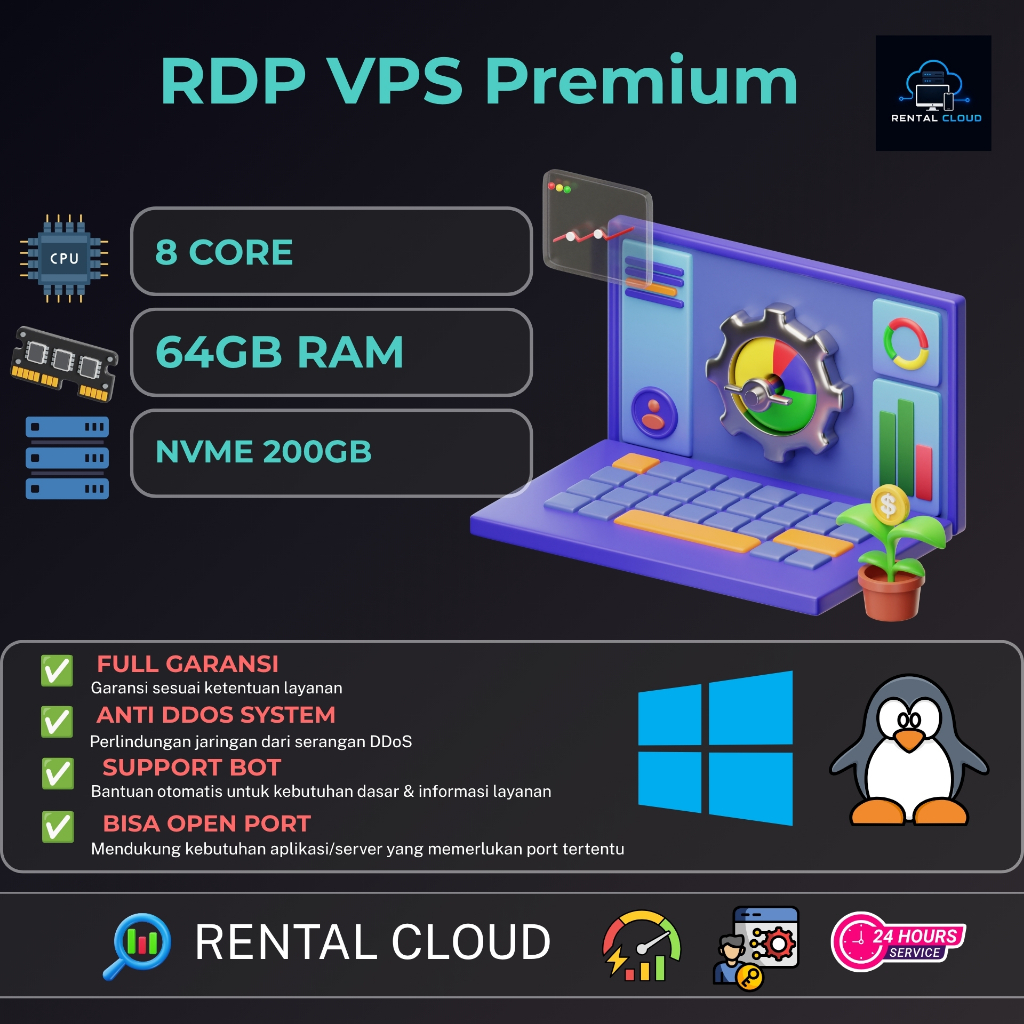 RDP VPS - 8 CORE RAM 64 GB - PREMIUM SERVER INDO BERGARANSI BISA DI PERPANJANG