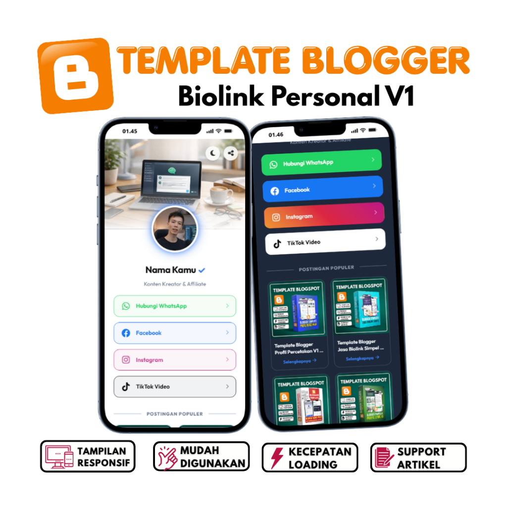 Template Blogger Biolink Personal V1 PRO | Mudah Digunakan Lengkap Dengan Panduan & Update