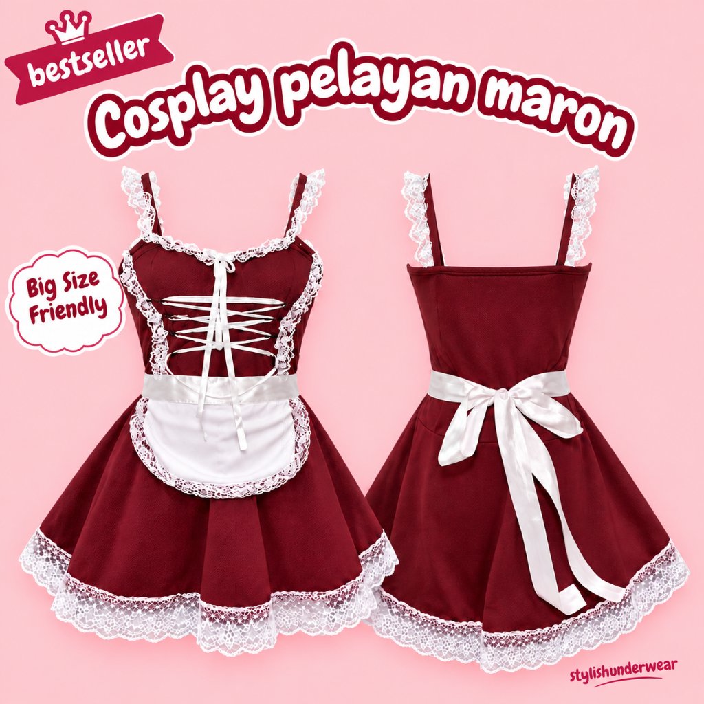 STYLISH Cosplay  Pelayan Maid Marun Baju Dinas Dress 1 Set Bando, gelang , gstring Ready ( Medium -J