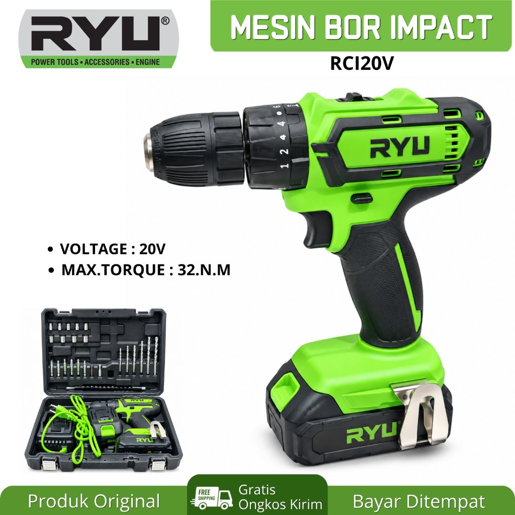 Mesin Bor Beton 20V Batre Cordless Impact Drill Besi Kayu Tembok ORIGINAL RYU RCI 20V