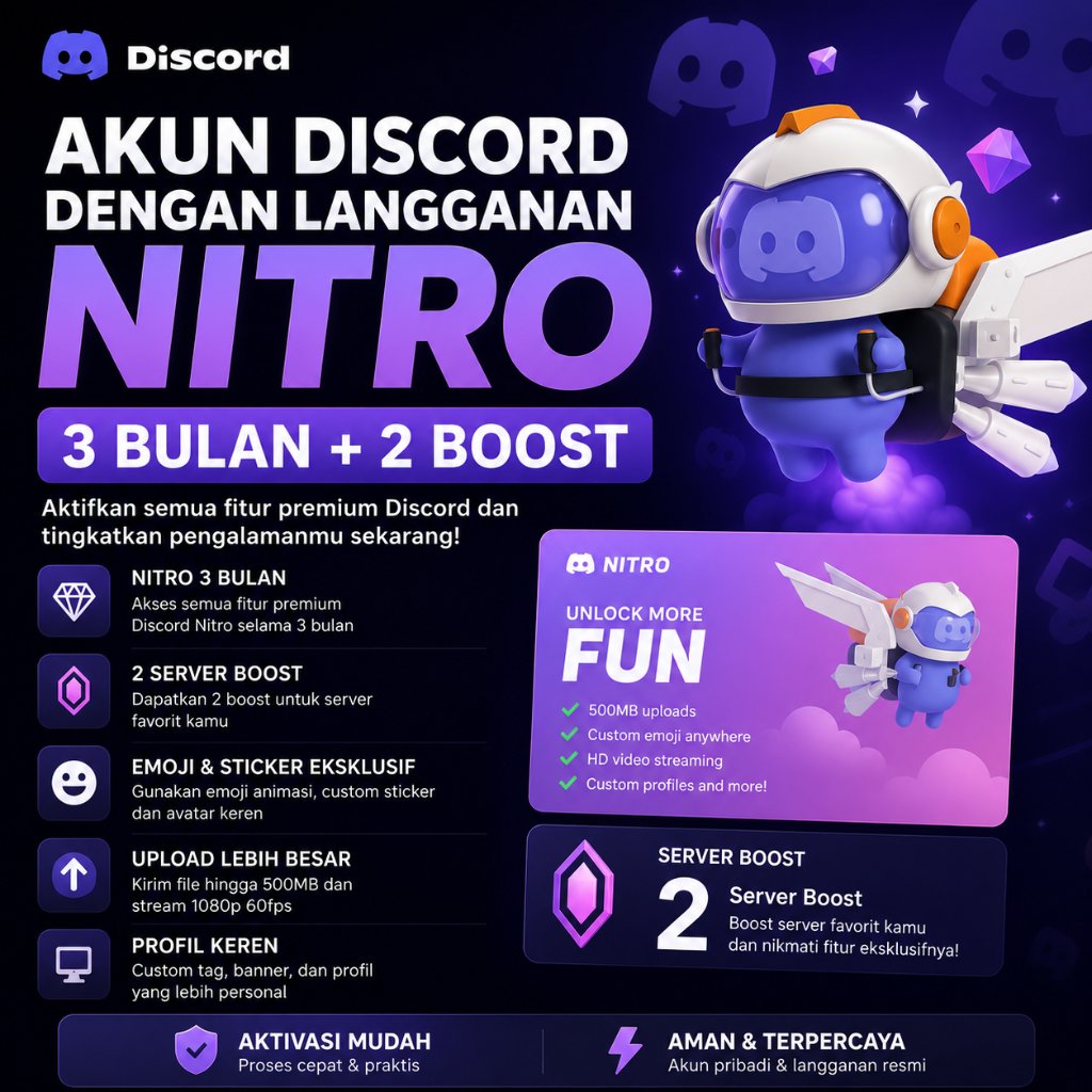 AKUN DISCORD SUDAH BERLANGGANAN NITRO 3 BULAN + 2 BOOST SERVER