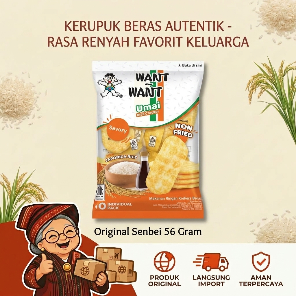 Want-Want Original Senbei 56 Gram - Kerupuk Beras Jepang Non-Fried, Camilan Renyah Gurih Manis, Indi