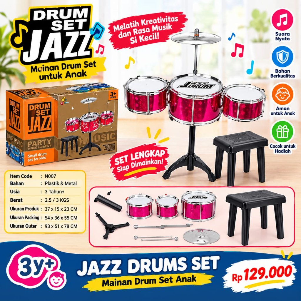 Jazz Drum Set Anak Mainan Drum Musik Lengkap + Bangku | Drum Set Jazz untuk Anak Usia 3 Tahun+