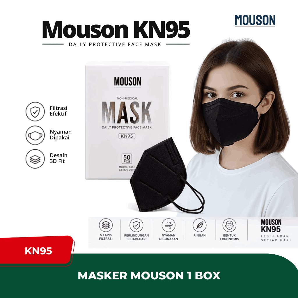 Masker KN95 Mouson Warna Hitam Box Isi 50 Pcs Filtrasi Efektif