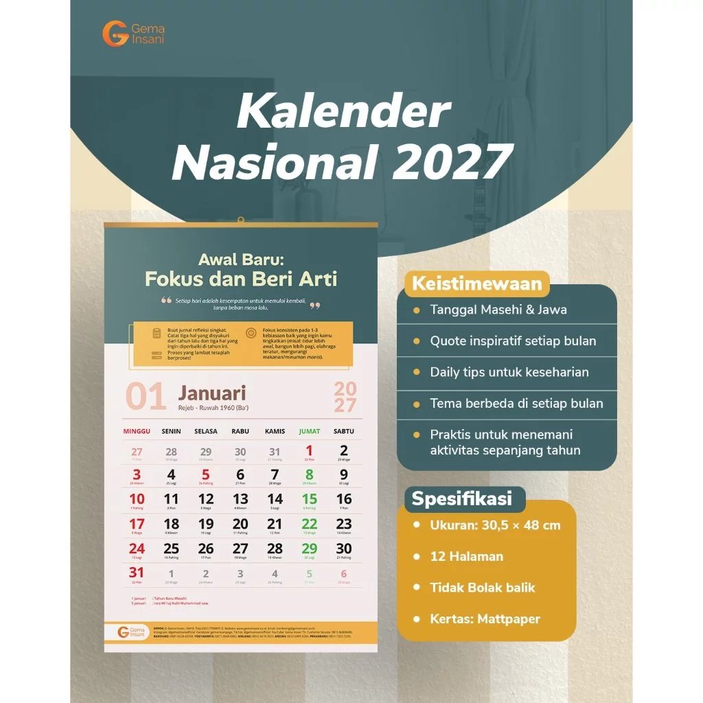 Foto Kalender Nasional 2027 - Kalender Dinding 2027 - Kalender Gantung Tembok 2027 Tanggalan Gema Insani Press