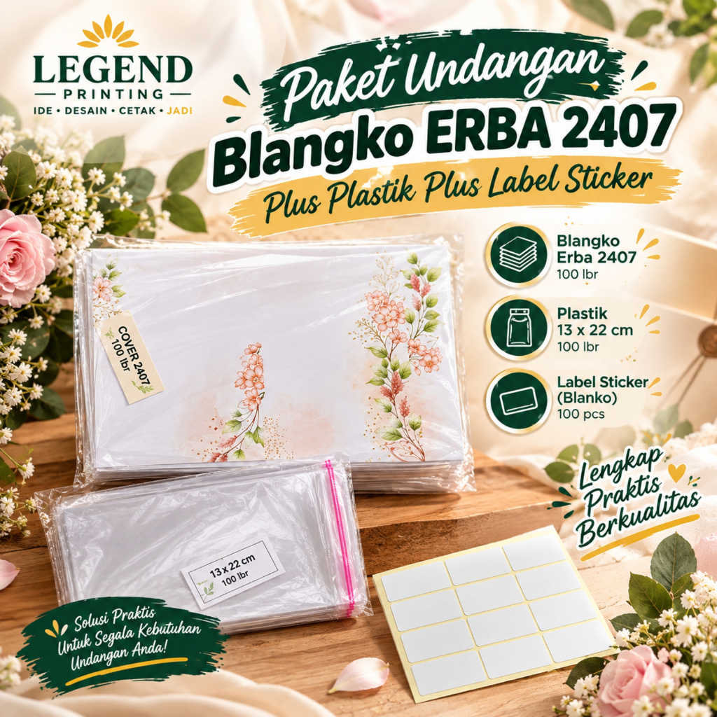Paket Undangan Legend Printing Blangko ERBA 2407 plus Plastik 13x22 cm dan Label Stiker