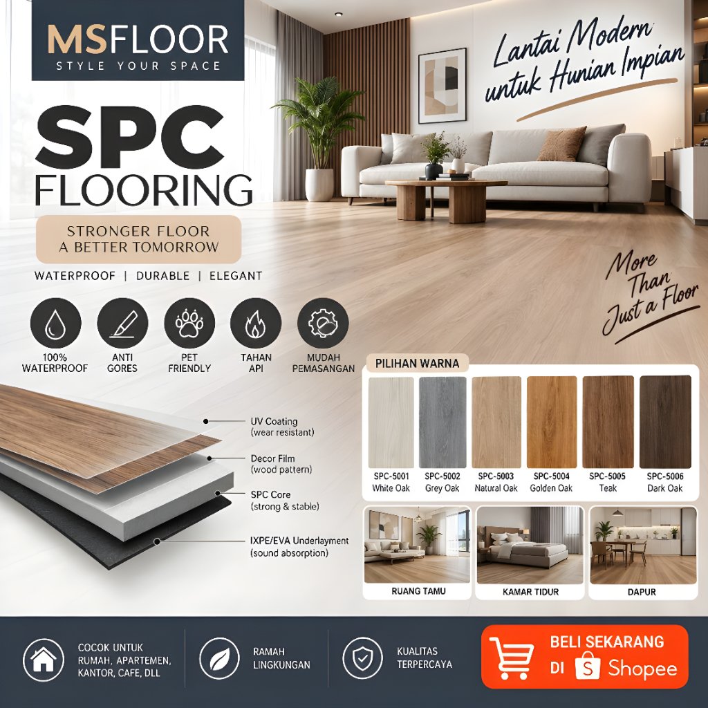 Lantai SPC MS FLOOR 4+1mm / SPC Clik Vinyl lantai 4+1mm / Vinyl SPC Msfloor serat kayu / cover area 