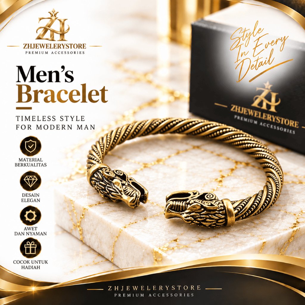 Gelang Pria ZHJ Jewelerystore Motif Kepala Naga Warna Emas Aksesoris Pria