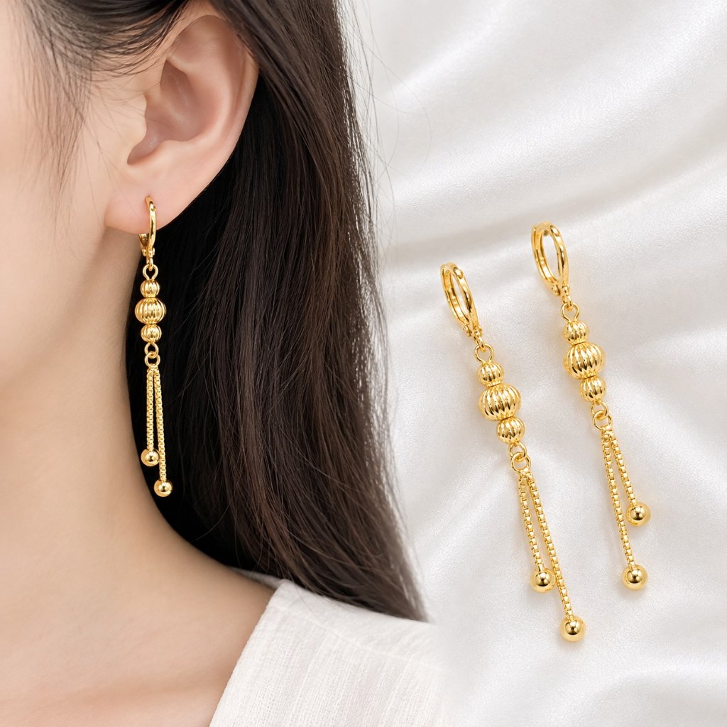 Anting wanita bola jurai panjang emas logam Hongkong perhiasan wanita anti berkarat(COD)