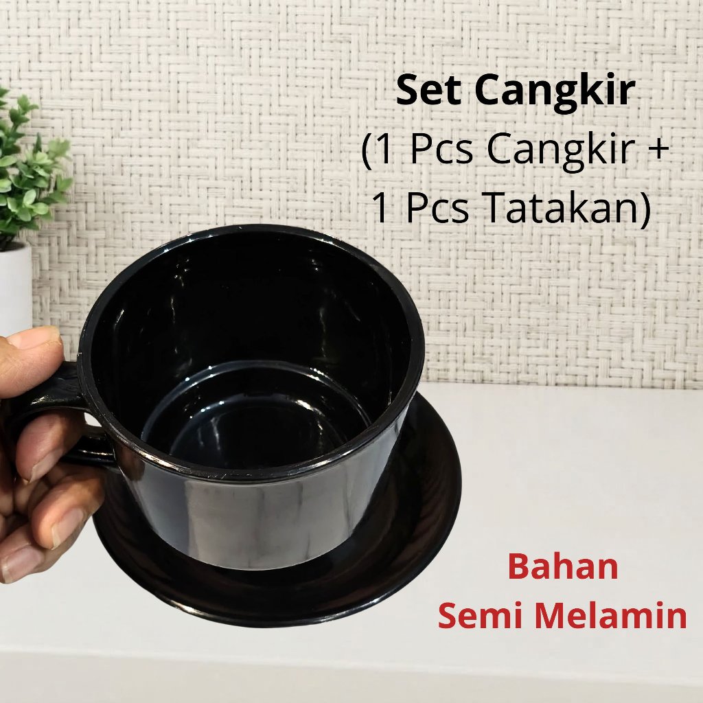 1 SET CANGKIR KOPI + TATAKAN GELAS PLASTIK SEMI MELAMIN WARNA HITAM